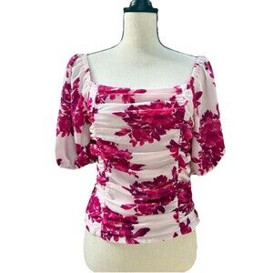 Versona Blouse Womens Medium Pink Floral Puff Sleeve Ruched Mesh Crop Top Spring